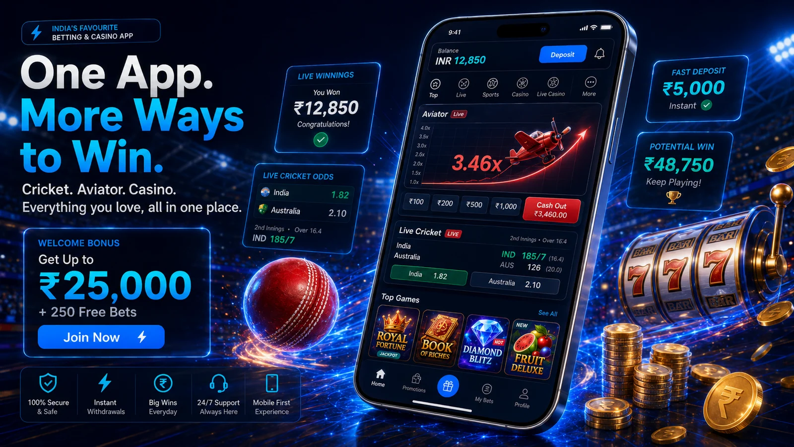1xBet India app showing casino, Aviator crash game and IPL cricket betting with rupee UPI deposits